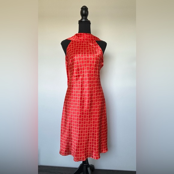 New Women’s Donna Ricco Silk Tie Neck Dress in Orange With Gold Circles Size 6P - Picture 2 of 16